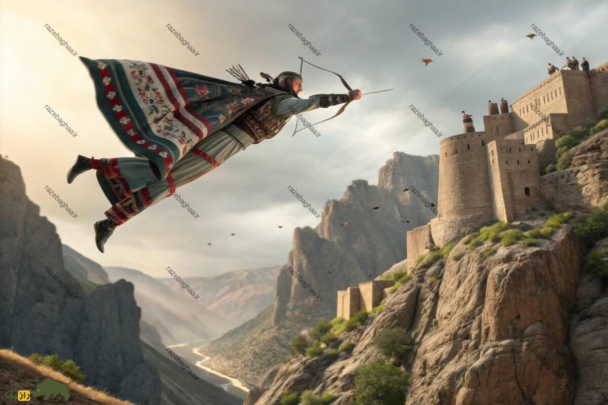 کشف بزرگ باستان شناسان؛ ایرانیان باستان در جنگ از قالیچه پرنده استفاده میکردند! مردی با پوشیدن قالی در حال پرواز و تیراندازی به دشمن