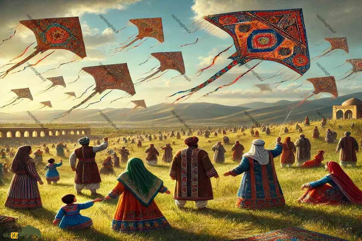 کشف بزرگ باستان شناسان؛ ایرانیان باستان در جنگ از قالیچه پرنده استفاده میکردند! تعدادی زن و مرد با لباس ایران باستان درحال پرواز دادن بادبادک