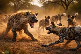 فیلمی جذاب از مبارزه کفتار و سگ‌های وحشی؛ کفتار برای نجات جان خود درخواست کمک کرد