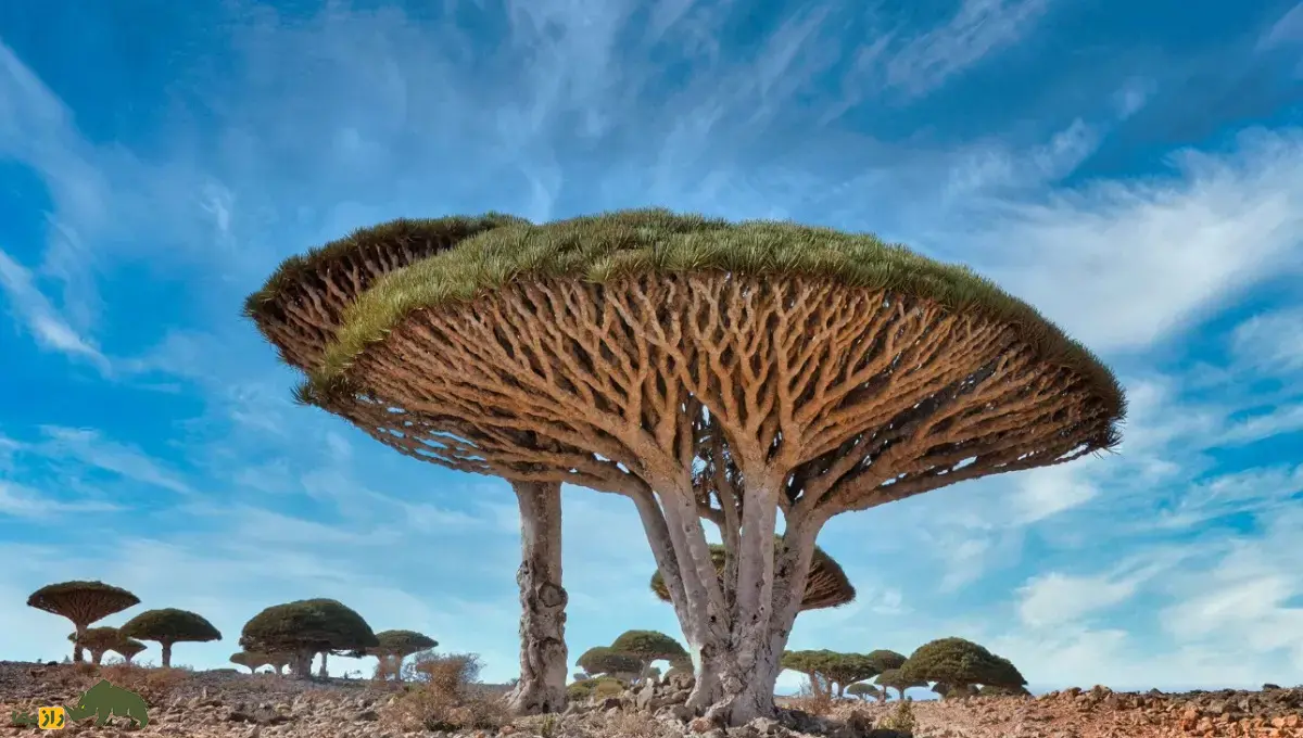 درخت خون سیاوشان؛ درختی چتریشکل شبیه سفینه فضایی در یمن که شیره قرمزی به نام «خون اژدها» از آن ترشح میشود درخت خون سیاوشان