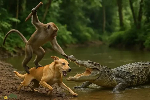 میمون با یک چوب محکم سگ نگون‌بخت را از دهان تمساح نجات داد!