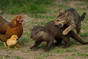 فیلمی از یک صحنه باورنکردنی؛ گربه شجاع مرغ و جوجه‌ها را از دست سمور نجات می‌دهد!