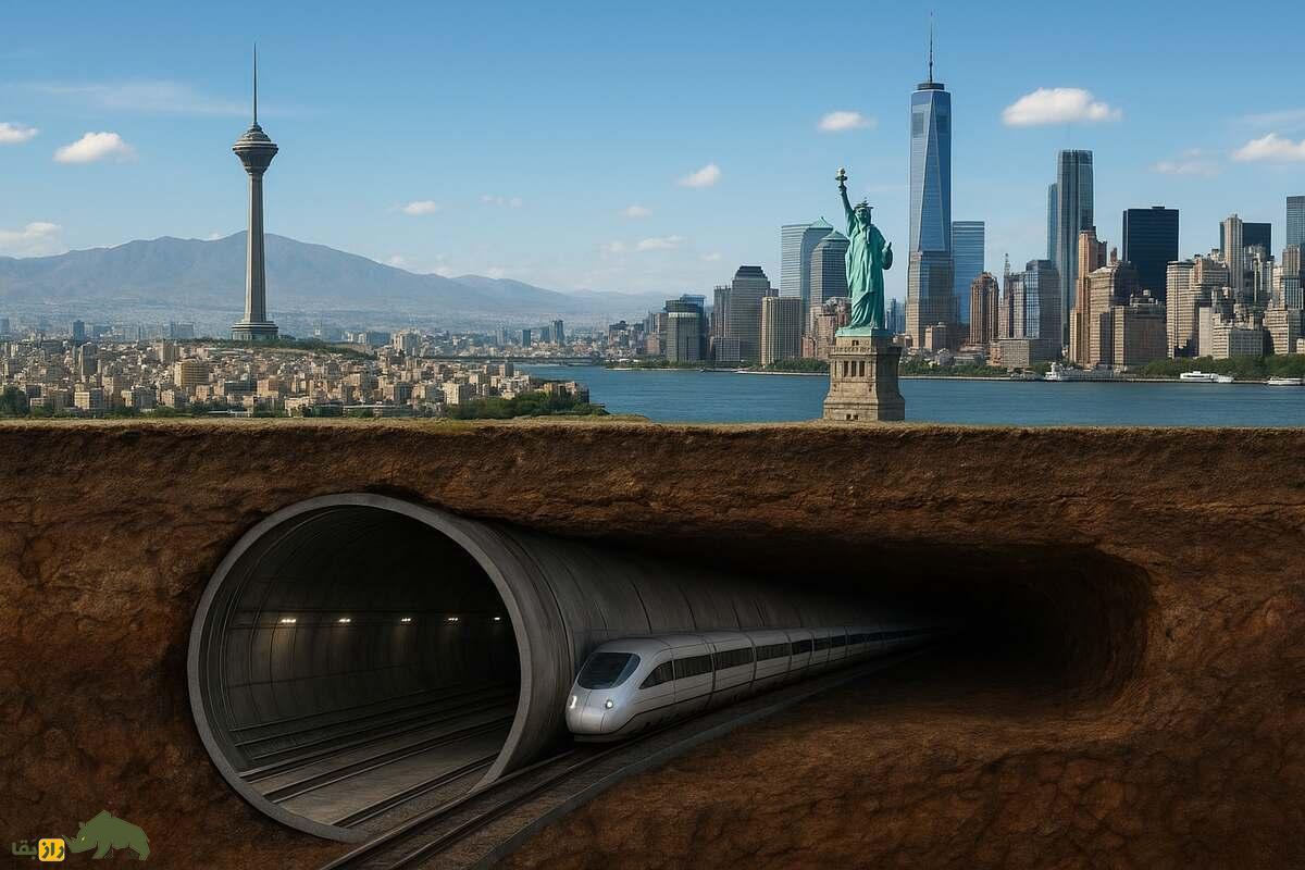 فاصله بین نیویورک و تهران چقدر است و اگر این مسیر را در تونلی زیر زمینی طی کنیم چند کیلومتر از مسیر کم می‌شود؟