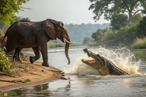 فیلمی نادر از حمله تمساح گرسنه به یک فیل غول‌پیکر