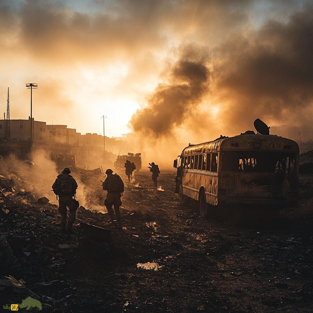 آیا جنگ، انسان مدرن را دوباره به انسان اولیه تبدیل میکند؟ یک اتوبوس و چندین مرد در یک منظره از یک شهر جنگ زده
